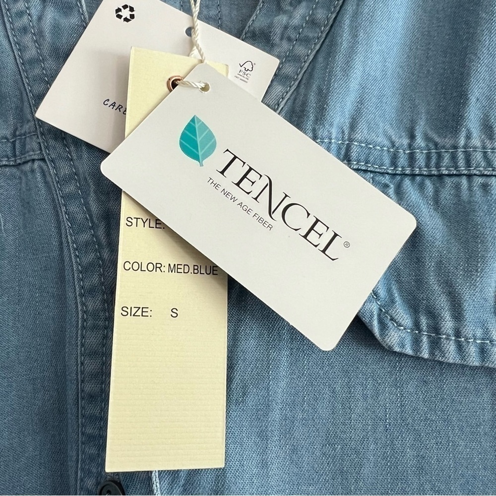 Hester & Orchard Women’s Shirt Tencel Button Slit Neck Blue Fringe Hem Small - Picture 8 of 16